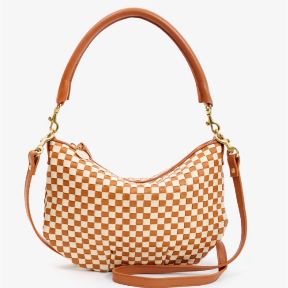 Clare V. Tan and White Checkered Petit Moyen Crossbody Bag